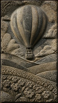 a hot air balloon drifting over rolling flower fields on a sunny day, cheerful, no text