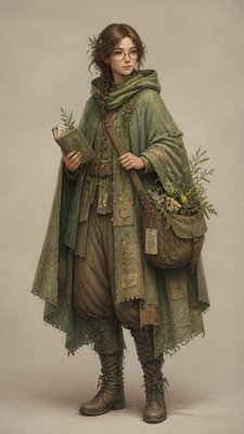 full-body original character: a wandering botanist with a satchel of plants, a patched green cloak, tall boots and round glasses, neutral background