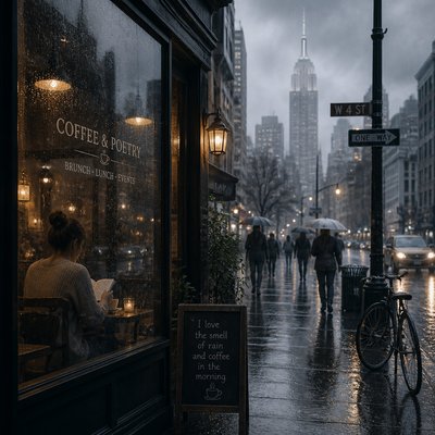 urban street with city activity — Rainy Day Aesthetic