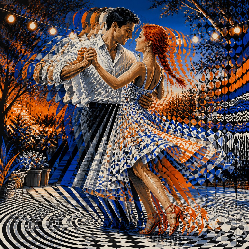 an original couple dancing under string lights in a garden at dusk: a man with short black hair in a linen shirt and a woman with braided red hair in a summer dress