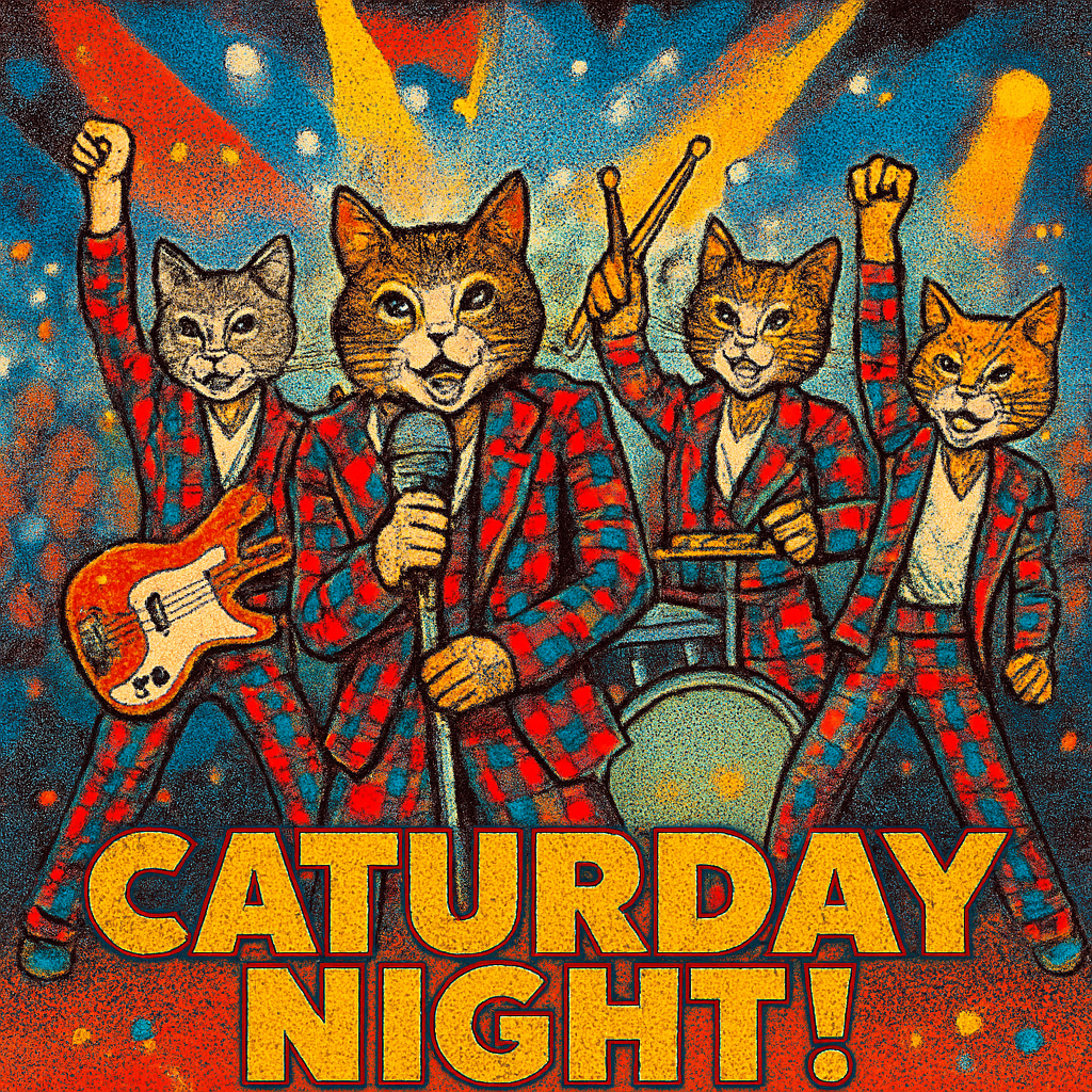 A band of five anthropomorphic cats, depicted as the "Bay City Rollers," performing on a brightly lit stage. They are dressed in matching tartan suits, reminiscent of the band's iconic style. Each cat has expressive facial features, conveying a sense of rock-and-roll energy.

The central cat is the lead singer, holding a vintage microphone and wearing a striking tartan suit. To his left, another cat plays a bass guitar. To his right, another cat stands with drumsticks, ready to play. Two other cats complete the band, striking poses with their fists raised in the air, embodying the energetic performance style of the Bay City Rollers.

In the background, a large, enthusiastic crowd of blurred, indistinct figures is cheering, illuminated by stage lights. Above the stage, spotlights shine down. The stage itself is dark, allowing the cats and their instruments to stand out.

At the bottom of the image, in large, bold, sparkly letters, is the text "CATURDAY NIGHT!" The overall style is vibrant, fun, and captures the retro pop essence of the 1970s.