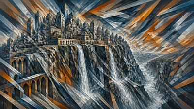 a cliffside city with waterfalls cascading into a misty canyon, wide establishing shot, no people, no text