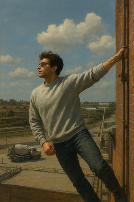 a painting of a man leaning against a brick wall