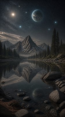 a tranquil mountain lake beneath a starry night sky, no people, no text