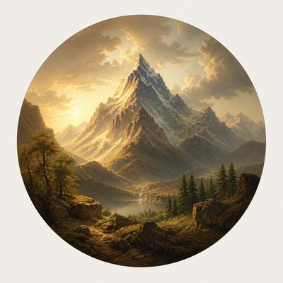 an emblem of a mountain peak inside a circle, simple bold shapes on a plain background, no text or lettering