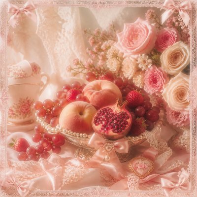 still life arrangement of fruits and flowers
