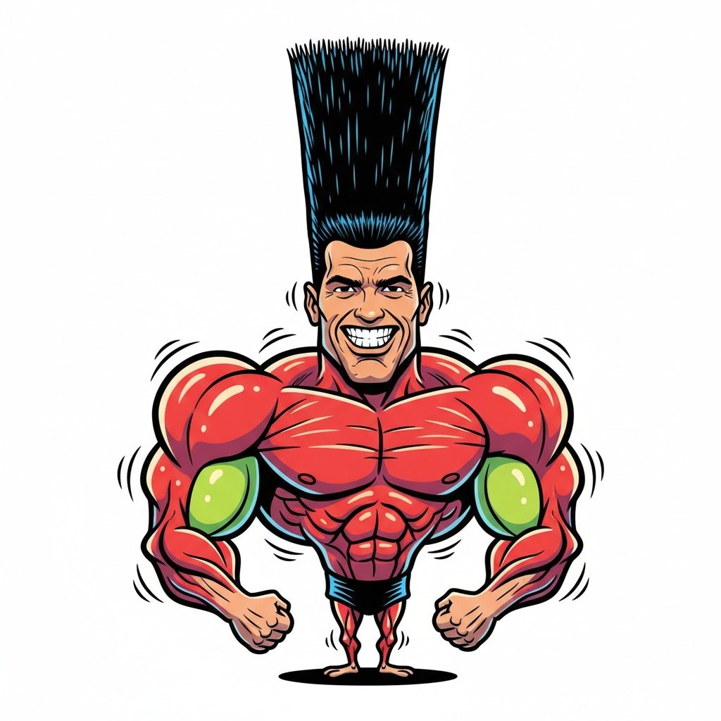 Arnold Schwarzenegger, extreme caricature, enormously tall crew cut hair, massive muscles, tiny lower body, exaggerated robotic expression, big head on tiny body, thick crisp black outlines, vibrant saturated colors, clean comic illustration style