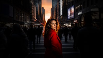 bustling city street panorama at dusk
