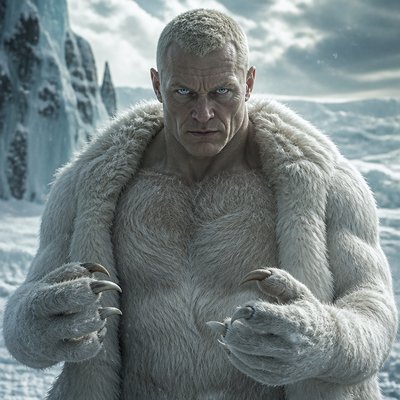Fais moi une dieu blanc et fort avec des cheveux blond cour et  il  est habille en fourrure  d’ourse blanc sans bijou il représente la dieu de la glace et du pole nord. c’est une humain avec des yeux ferroses et des griffes d’ourse blanc, il a pas de barbe ses cheveux sont cour, il a la 50 ene, il est realiste. Il  a le corps genre  des bras d’ours blanc a moitié humain genre il est recouvert de vetement en peau d’ourse blanc il est poilu (poil blanc) sur son torse et bras et il est chauve presque mais feroce et fort 