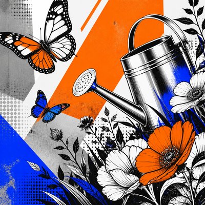 a garden scene with butterflies, flowers and a watering can, clean uncolored line art, no text