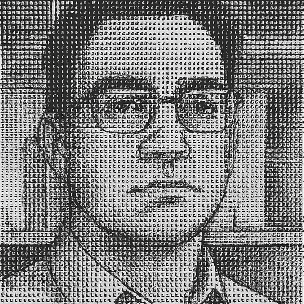 a black and white photo of a man wearing glasses