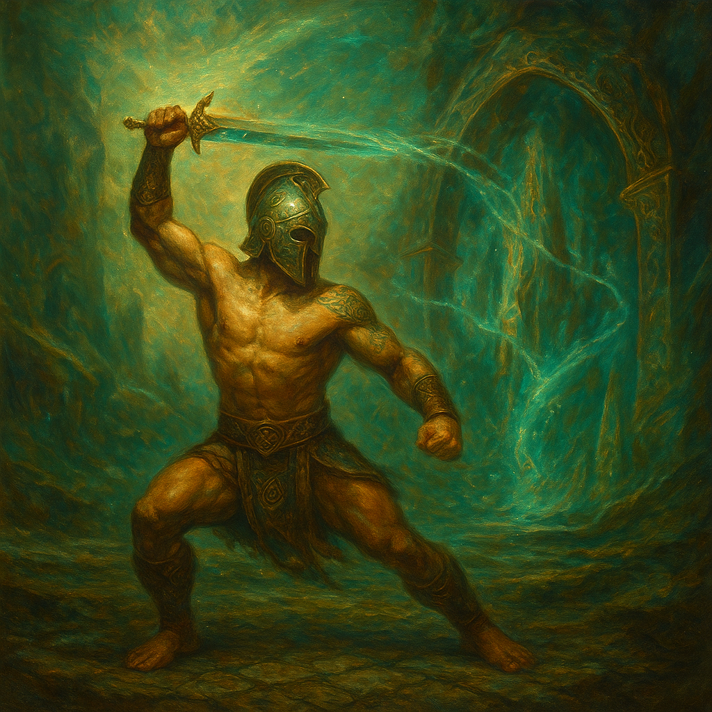 a painting of a man with a sword in his hand