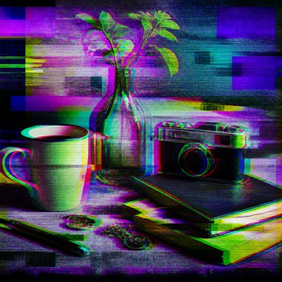 still life with everyday objects — Glitch Digital Art Style