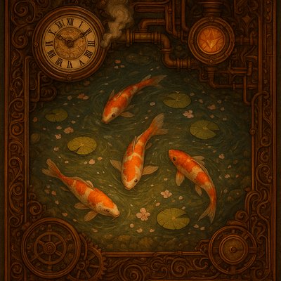 A koi pond seen from above, orange and white koi fish swimming among lily pads, clear water with subtle ripples, fallen cherry blossom petals floating on the surface, dappled sunlight