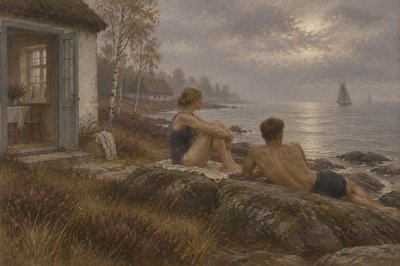 a painting of two people sitting on a rock