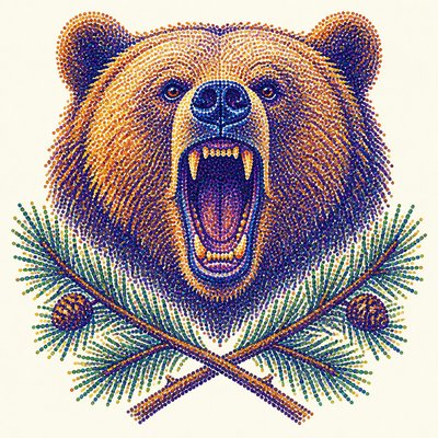 a roaring bear head above crossed pine branches, bold graphic composition on a plain background, no text