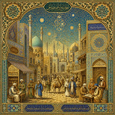 urban street with city activity — Islamic Golden Age Art Style
