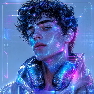 head-and-shoulders portrait of an original character: a young man with curly dark hair and headphones around his neck, plain backdrop, no text