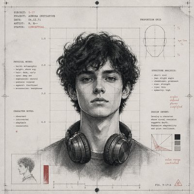 head-and-shoulders portrait of an original character: a young man with curly dark hair and headphones around his neck, plain backdrop, no text