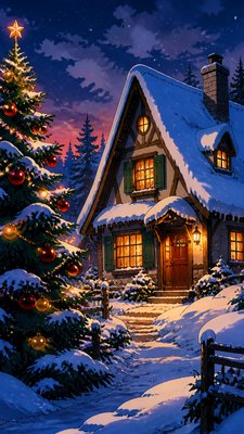 a snow-covered cottage with warm glowing windows beside a decorated pine tree, gentle snowfall, no text