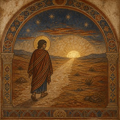a solitary figure walking toward a glowing horizon across an empty plain, moody atmosphere, no text or lettering