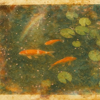 A koi pond seen from above, orange and white koi fish swimming among lily pads, clear water with subtle ripples, fallen cherry blossom petals floating on the surface, dappled sunlight