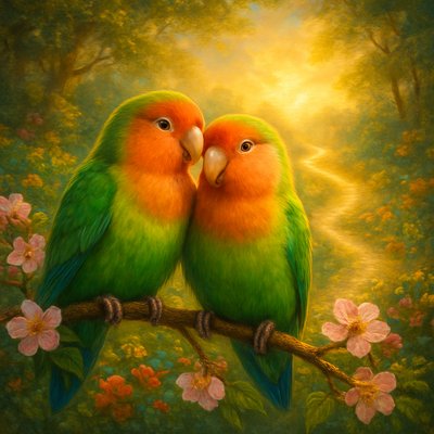 Digital Art Style, Romanticism Art Style, a profoundly joyful and beautifully vibrant painting inspired by Psalm 16:11, "You make known to me the path of life; you will fill me with joy in your presence, with eternal pleasures at your right hand." The scene features a pair of exquisitely detailed Peach-faced Lovebirds, with their iconic bright peach faces, vivid green bodies, and touches of blue on their rumps. They are perched affectionately close together on a blossoming branch, their expressions conveying deep contentment and joy. Behind them, a softly glowing, ethereal 'path' of light winds gently through a lush, vibrant, and abundant natural landscape, illuminated by a warm, radiant, divine light that bathes the entire scene. The environment is rich with blooming flowers and verdant foliage, suggesting a place of eternal pleasure and divine presence. Focus intently on the vibrant, luminous colors of the Lovebirds, their tender, joyful interaction, and the glowing, symbolic 'path of life' that permeates the harmonious and blissful atmosphere