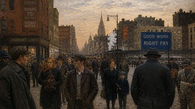 bustling city street panorama at dusk