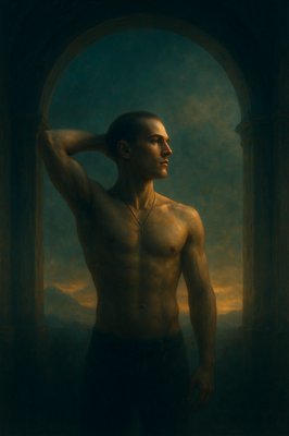 a painting of a man with no shirt on