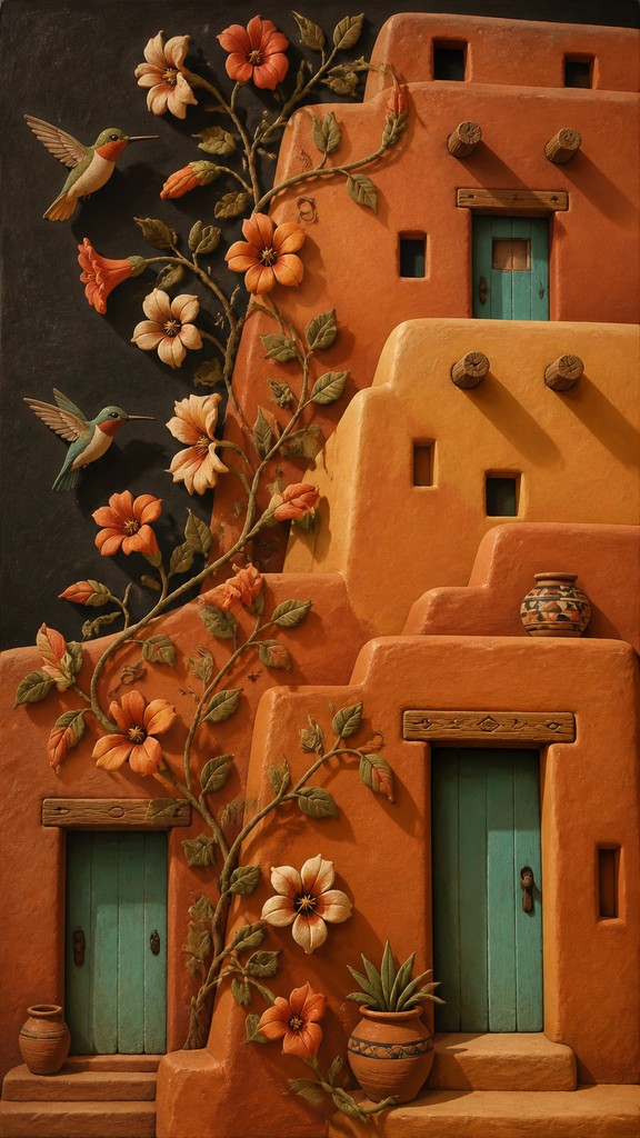 a climbing vine of flowers and hummingbirds on a dark background, tall wrapping composition, no text