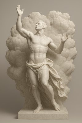 a statue of a man with clouds behind him