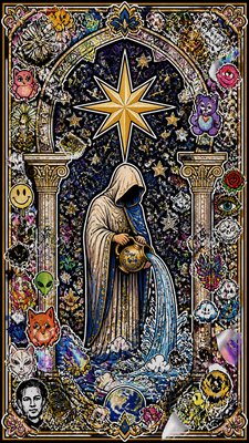 a robed figure pouring water beneath a large eight-pointed star in a night sky, symmetrical composition with an ornate decorative border, no text