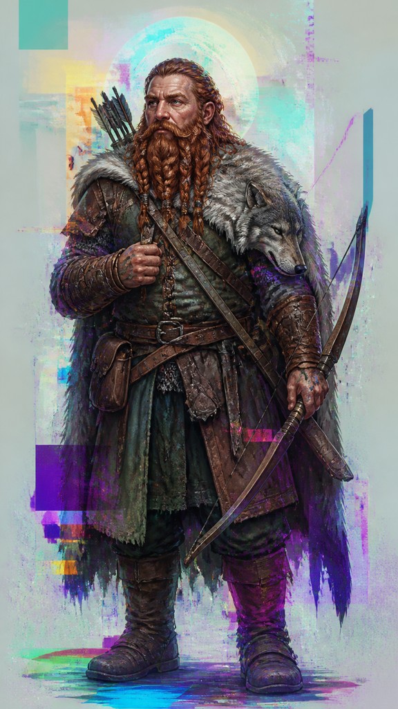 full-body original character: a dwarven ranger with a braided auburn beard, worn leather armor, a longbow and a wolf-pelt cloak, neutral background, no text