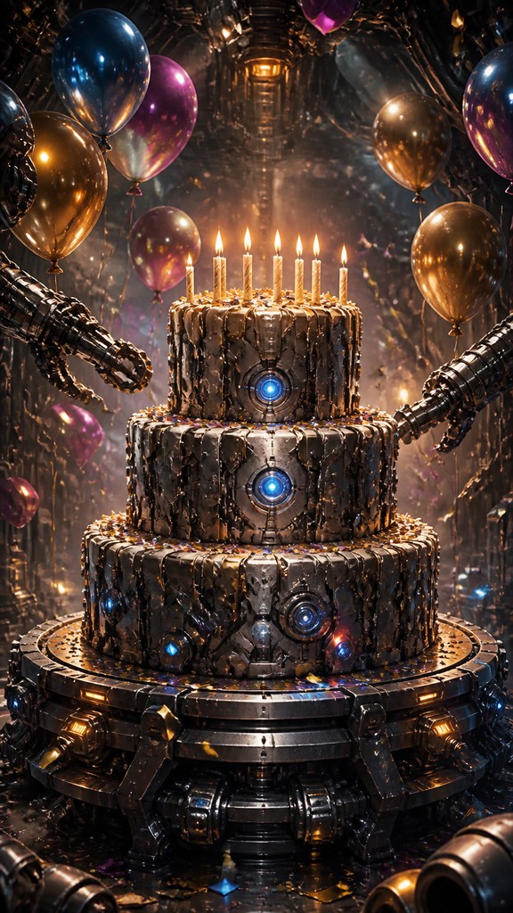 a birthday cake with lit candles surrounded by balloons and confetti, festive vertical composition, no text