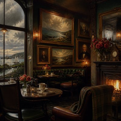 cozy cafe interior with warm lighting