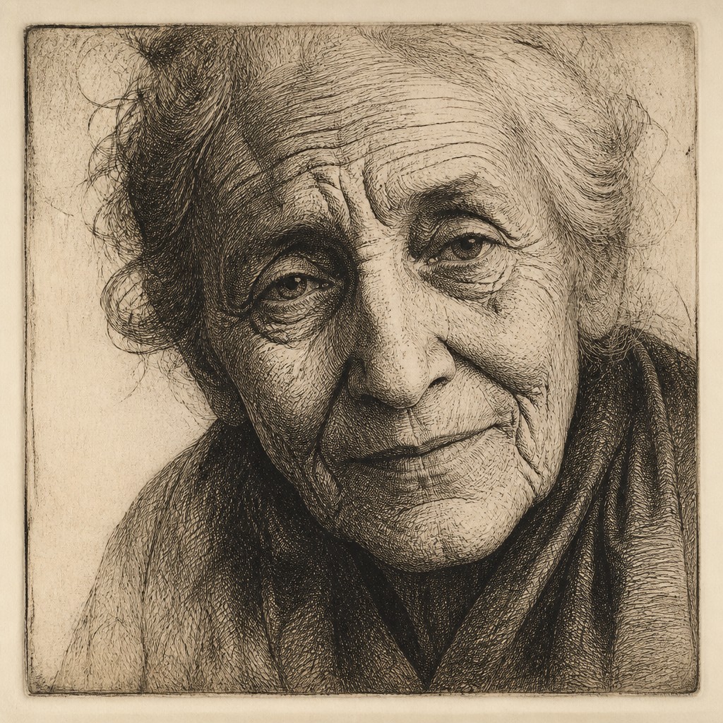 close-up portrait of an elderly person with expressive weathered features — Etching Print Style