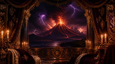 an erupting volcano with lightning strikes, dramatic wide composition, no text