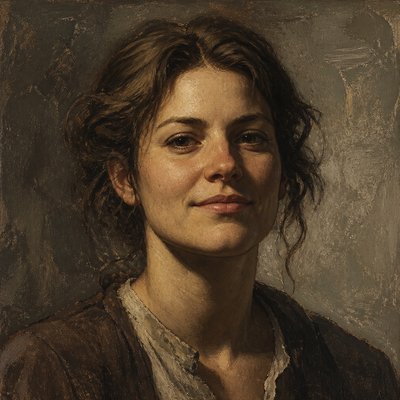 head-and-shoulders portrait of an original character: a young woman with wavy chestnut hair and a warm smile, plain soft backdrop