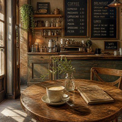 cozy cafe interior with warm lighting