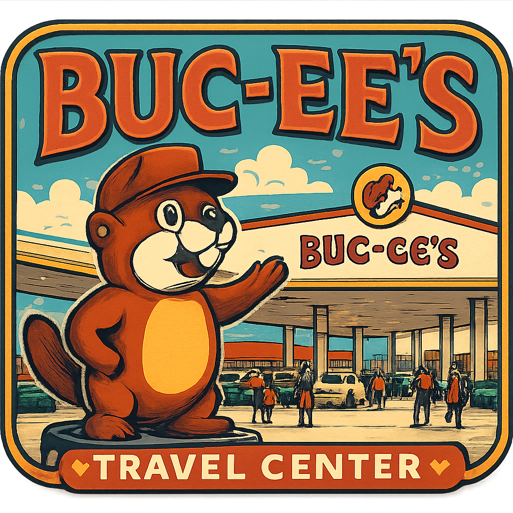 Generate a vibrant, wide-angle image capturing the overwhelming scale and festive atmosphere of a Buc-ee's travel center during peak daylight hours. The central focus should be the massive, iconic Buc-ee the Beaver mascot statue at the entrance, welcoming visitors. Show the enormous, brightly lit gas station canopy stretching across dozens of pumps, with a continuous flow of cars and trucks. In the background, feature the distinctive red-roofed store building with its huge signage. Include details that convey the bustling energy: families walking in, people filling up their tanks, and the overall sense of a colossal, well-organized 'roadside attraction.' The image should highlight its cleanliness, vastness, and the unique, almost surreal experience of stopping at a Buc-ee's.