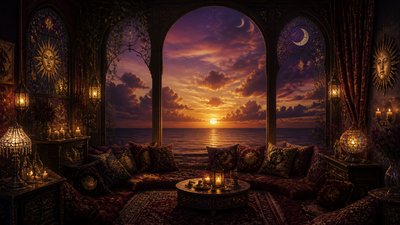 a panoramic ocean horizon with towering clouds at golden hour, no people