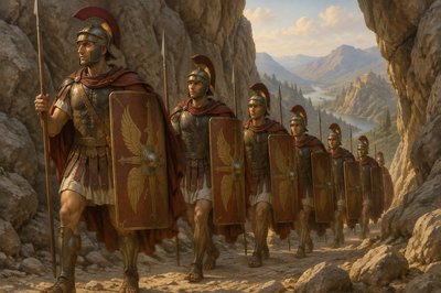 six Roman warriors with shields, spears, and helmets march through a gap in a mountain passage way