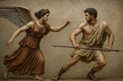 a painting of a man and a woman with wings