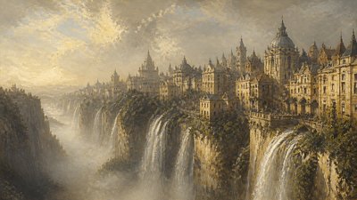 a cliffside city with waterfalls cascading into a misty canyon, wide establishing shot, no people, no text