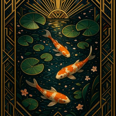 A koi pond seen from above, orange and white koi fish swimming among lily pads, clear water with subtle ripples, fallen cherry blossom petals floating on the surface, dappled sunlight