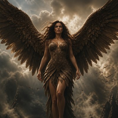 Fais moi une deesse et fort avec des cheveux marrons  et des ailes marron immenses d’aigle des ailes gigantesque , elle est habille en plumes de oseaux sans bijou elle représente la deesese de l’aire c’est une humain avec des yeux des ailes et une tenue en ailes marron , elle a pas de frange ses cheveux sont long, elle a la 30 ene, elle est realiste elle est feroce
