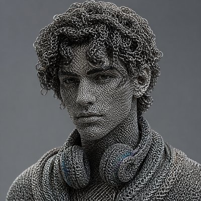 head-and-shoulders portrait of an original character: a young man with curly dark hair and headphones around his neck, plain backdrop, no text