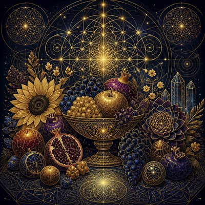 still life arrangement of fruits and flowers