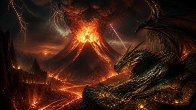 an erupting volcano with lightning strikes, dramatic wide composition, no text