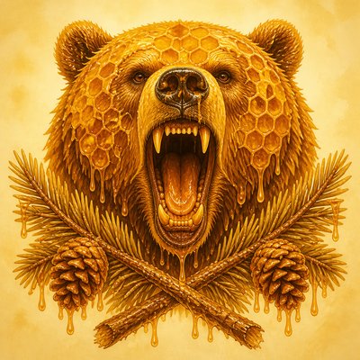 a roaring bear head above crossed pine branches, bold graphic composition on a plain background, no text